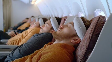 Passengers Soundly Asleep on Airplane with Eye Masks Reclined in Seats Creating a Calm and Serene Mood in a Wide-Angle Perspective Capture