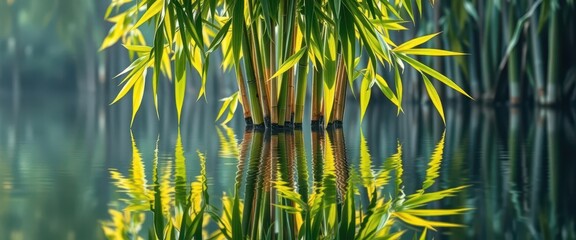 Serene bamboo leaves mirrored in calm, glassy water, japanese, water