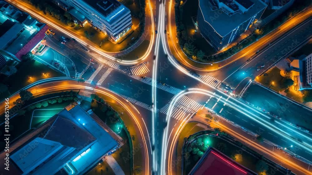 Poster stunning movement of the large road intersection at night, observed from above. aerial view of a bus