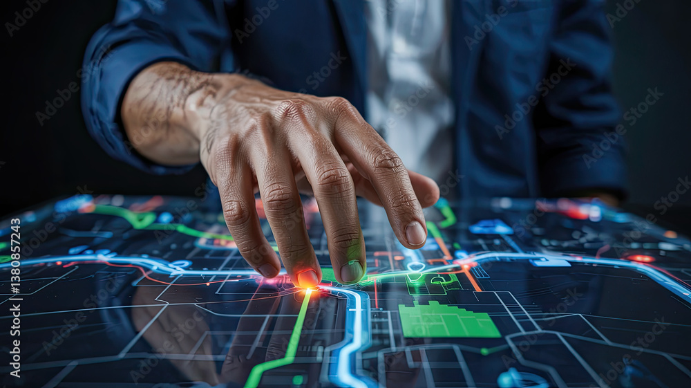 Poster navigating the digital landscape: a close-up of a man's hand interacting with an advanced holographi