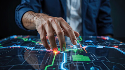 Navigating the Digital Landscape: A close-up of a man's hand interacting with an advanced holographic map display, symbolizing futuristic technology and innovative progress.