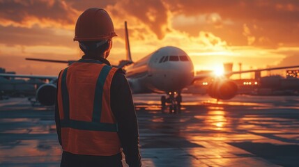 Airport Worker Observing Airplane at Sunset