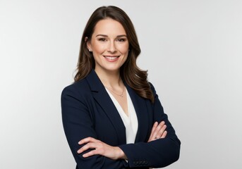 Portrait of a smiling brunette woman in a navy blazer with arms crossed on a white background