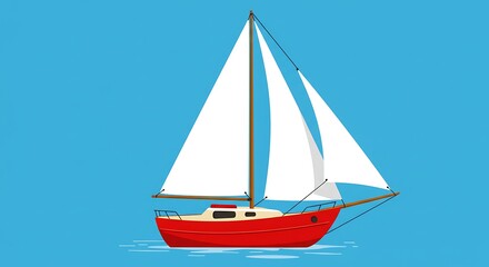 Fototapeta premium Sailing Boat Vector Illustration with White Sails on Blue Background