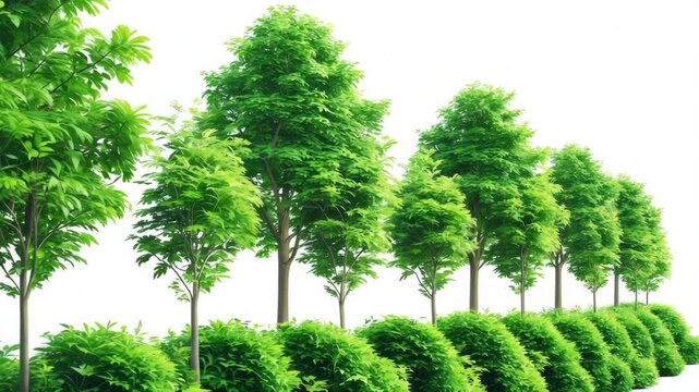 Cutout tree line. A row of green shrubs and trees set against a white background. High-quality clipping mask.
