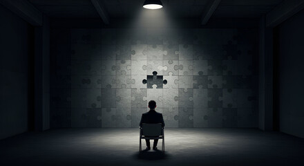 Businessman sitting in a dark room, facing a massive puzzle wall with missing pieces, symbolizing problem-solving, decision-making, and strategic thinking in business and life.