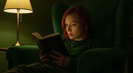 Redhead Reading in Emerald Armchair, Lamp Light, Quiet Evening.