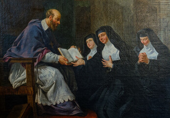 Painting (18th century) of Jane Frances de Chantal founder of the order of the Visitation of Mary, receives the constitution of her order from Saint Francis de Sales.