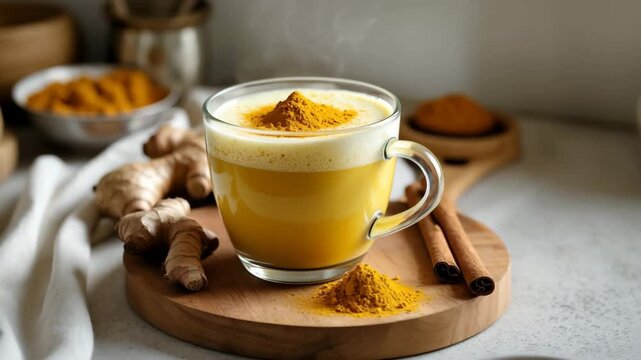 Mug of golden turmeric latte made with curcuma powder. Turmeric latte prepared from almond milk, ginger, turmeric, and cinnamon, sweetened and lactose-free. Nutritious beverage to enhance immunity.