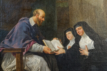 Obraz premium Painting (18th century) of Jane Frances de Chantal founder of the order of the Visitation of Mary, receives the constitution of her order from Saint Francis de Sales.