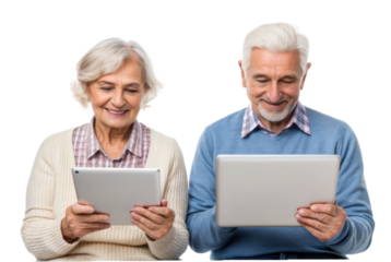Engaging moment between seniors using tablets for connection and entertainment in a modern setting