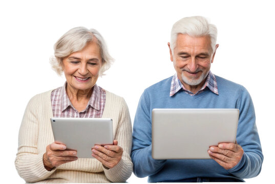 Engaging moment between seniors using tablets for connection and entertainment in a modern setting