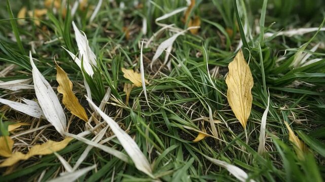 Crabgrass becoming white and dying due to herbicide. Lawn care, maintenance, and control concept.
