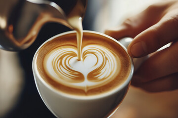 Latte art heart being poured into coffee drink.