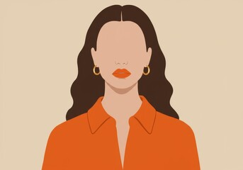 Illustration of a woman with brown hair wearing an orange shirt and gold hoop earrings facing forward