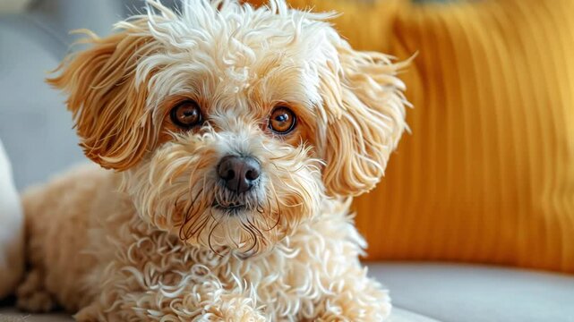 Close up of cute maltipoo dog sitting on sofa looking at camera