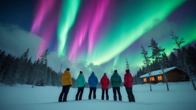 Stunning video of a large, multicolored green vibrant Aurora Borealis illuminating the night sky over a winter scene.