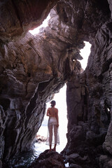 Beautiful Thai woman takes photos with beautiful tourist attractions, secret photo spots on Koh Sichang, Chonburi Province, Thailand.