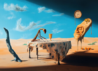 Fototapeta premium Surrealistyczna ilustracja. Fantastyczny pejzaż pustynny z topniejącymi zegarami, unoszącymi się pomarańczami i martwą rybą. Wizja snu, czasu i absurdu w klimacie malarstwa surrealistycznego.