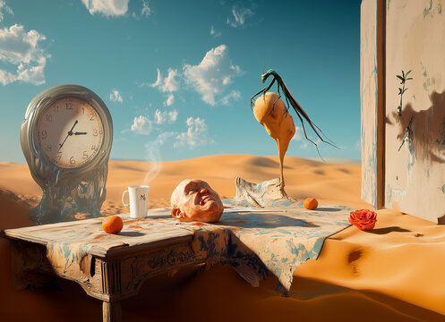 Surrealistyczna ilustracja. Fantastyczny pejzaż pustynny z topniejącymi zegarami, unoszącymi się pomarańczami i martwą rybą. Wizja snu, czasu i absurdu w klimacie malarstwa surrealistycznego.