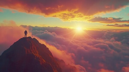 A silhouette of a person stands triumphantly atop a rugged mountain peak