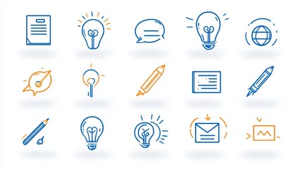 A collection of icons symbolizing various elements of design creativity and technological innovation including documents light bulbs speech bubbles and analytical tools