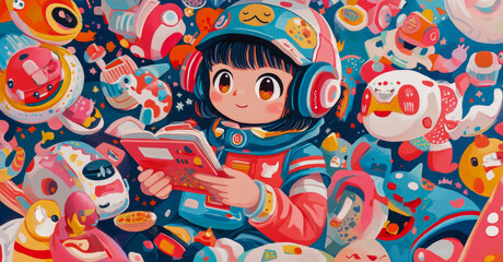 Obraz premium Child astronaut reading a book in space surrounded by planets and satellites, concept for educational material