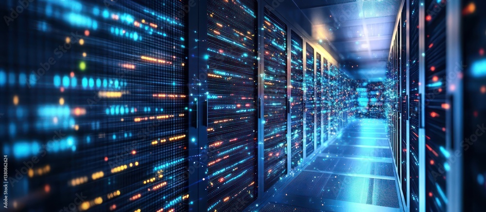 Poster data center corridor; glowing servers; network; tech