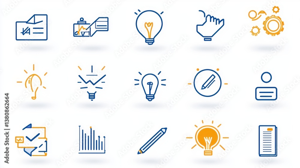Poster a collection of icons representing various aspects of business strategy planning and innovative deve