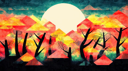 Serene Woodland Landscape with Geometric Watercolor Trees Hills and a Central Moon in Warm Glow Ample Copy Space Illustration