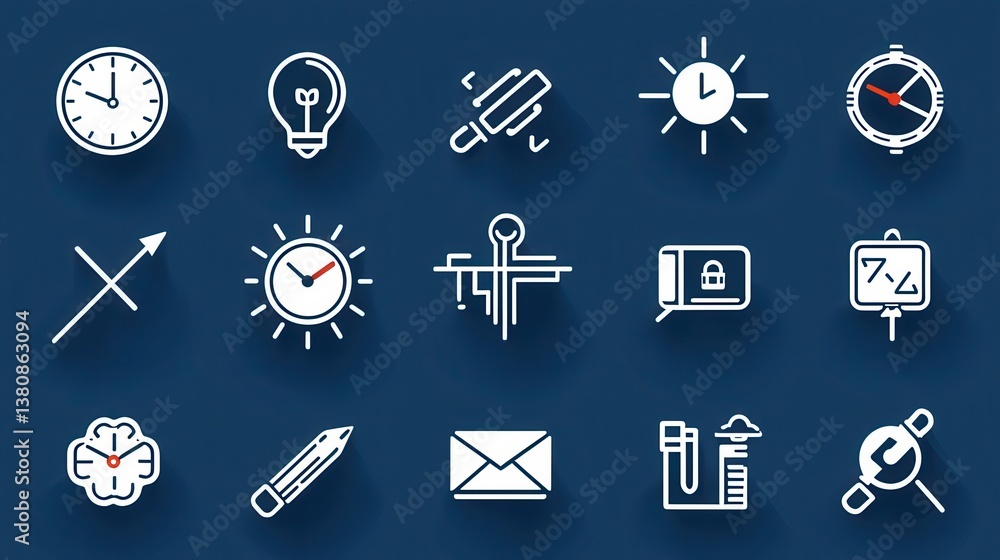 Aufkleber a collection of diverse icons including a clock light bulb tools sun compass brain pencil envelope a
