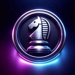 metallic silver logo with a chess knight on a dark background, with blue-violet backlight