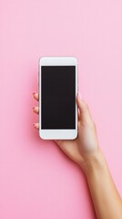 Modern smartphone mockup showcasing sleek white device with black screen against vibrant pastel pink minimalist background