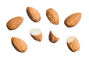 Set of shelled almonds isolated on transparent background. PNG Image.