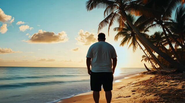 Fat man standing on a beautiful beach with palm trees. Selective focus. nature.