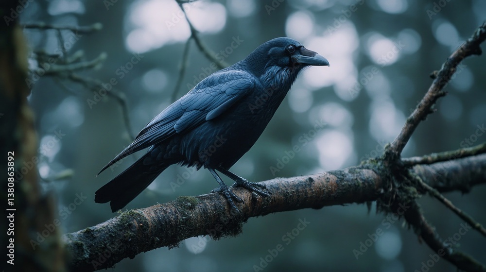 Poster a raven with sleek black feathers rests on a branch, surrounded by the soft contours of a foggy fore