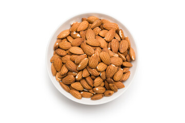 Top view of almonds into bowl isolated on transparent background. PNG Image.