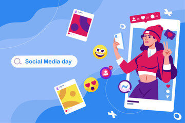 A modern and colorful illustration celebrating Social Media Day on June 30. The design features various social media elements, such as likes, comments, hashtags, etc.