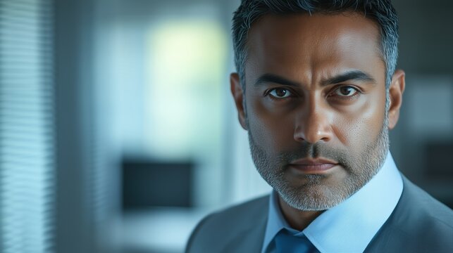 Detailed realistic portrait of a Very handsom middle aged Indian Man in american business attire, in a bright office