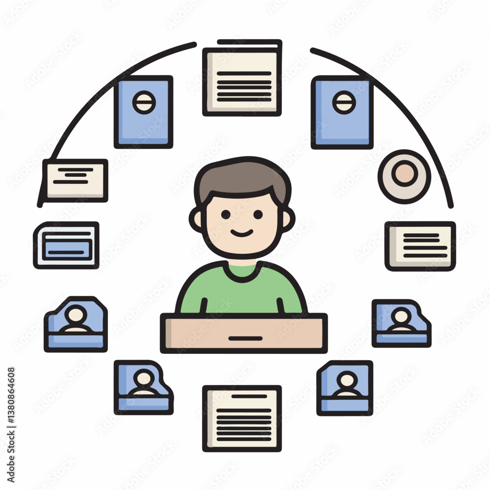 Poster smiling person manages documents in organized digital workflow setup