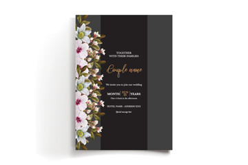 WEDDING INVITATION FRAME WITH FLOWER DECORATIONS AND FRESH LEAVES