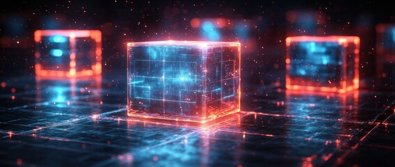 Fototapeta premium Futuristic Glowing Blue Cubes in Cybernetic Environment Abstract 3D Art with Neon Light and High Contrast Composition