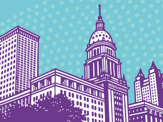 Fototapeta premium Cityscape Illustration Buildings, Dome, Skyline, Urban, Pop Art