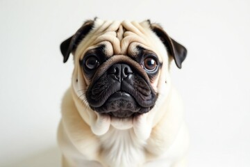 Obraz premium Charming pug with expressive eyes, alone against bright white backdrop, companion animal, small dog, white background