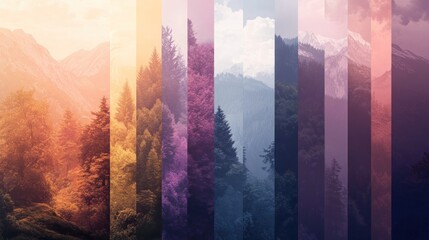 Vertical scenic collage of diverse mountain landscapes in various color tones