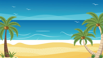 Flat Design Summer Beach Landscape with Palm Trees 