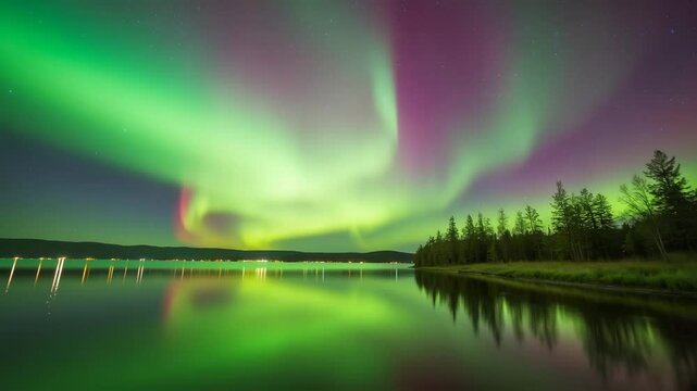 Gorgeous video of the large, multicolored, vibrant green Aurora Borealis in the night sky.