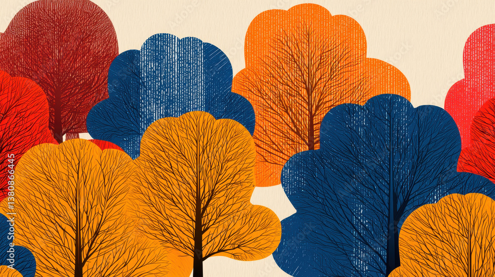 Poster tranquil nature illustration of stylized autumn trees in vibrant hues with copy space for text and d