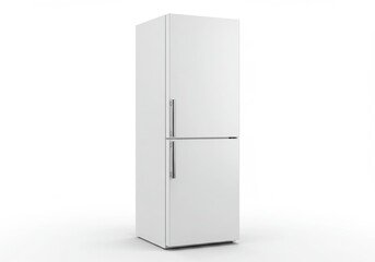A white refrigerator with two doors and silver handles standing on a white surface in a studio shot