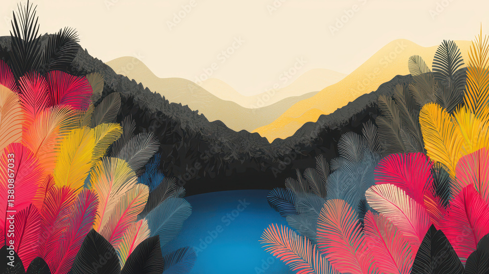 Poster vibrant tropical palm fronds frame a serene river scene between soft hazy mountains with ideal copy 